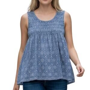 Max Studio Smocked Tank Womens Size 2X Blue Print Mesh Relaxed Sleeveless Top